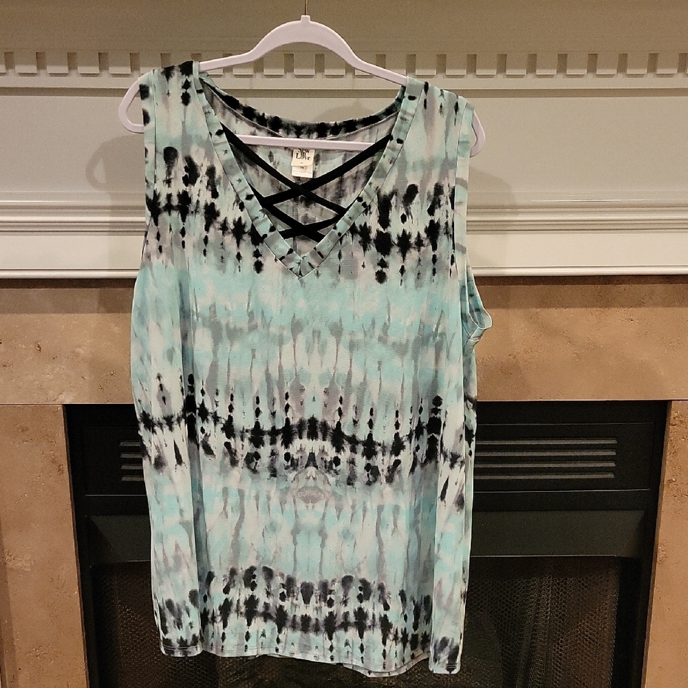 Sew In Love Aqua and Black Crisscross V-Neck Tie-Dye Tank